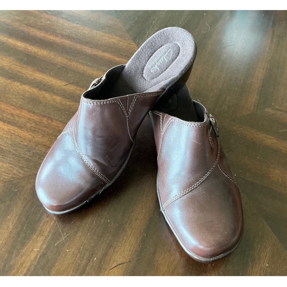 Clarks Brown Leather Bendables Clogs Buckle Slip On Mules Size 9 Comfort Shoes